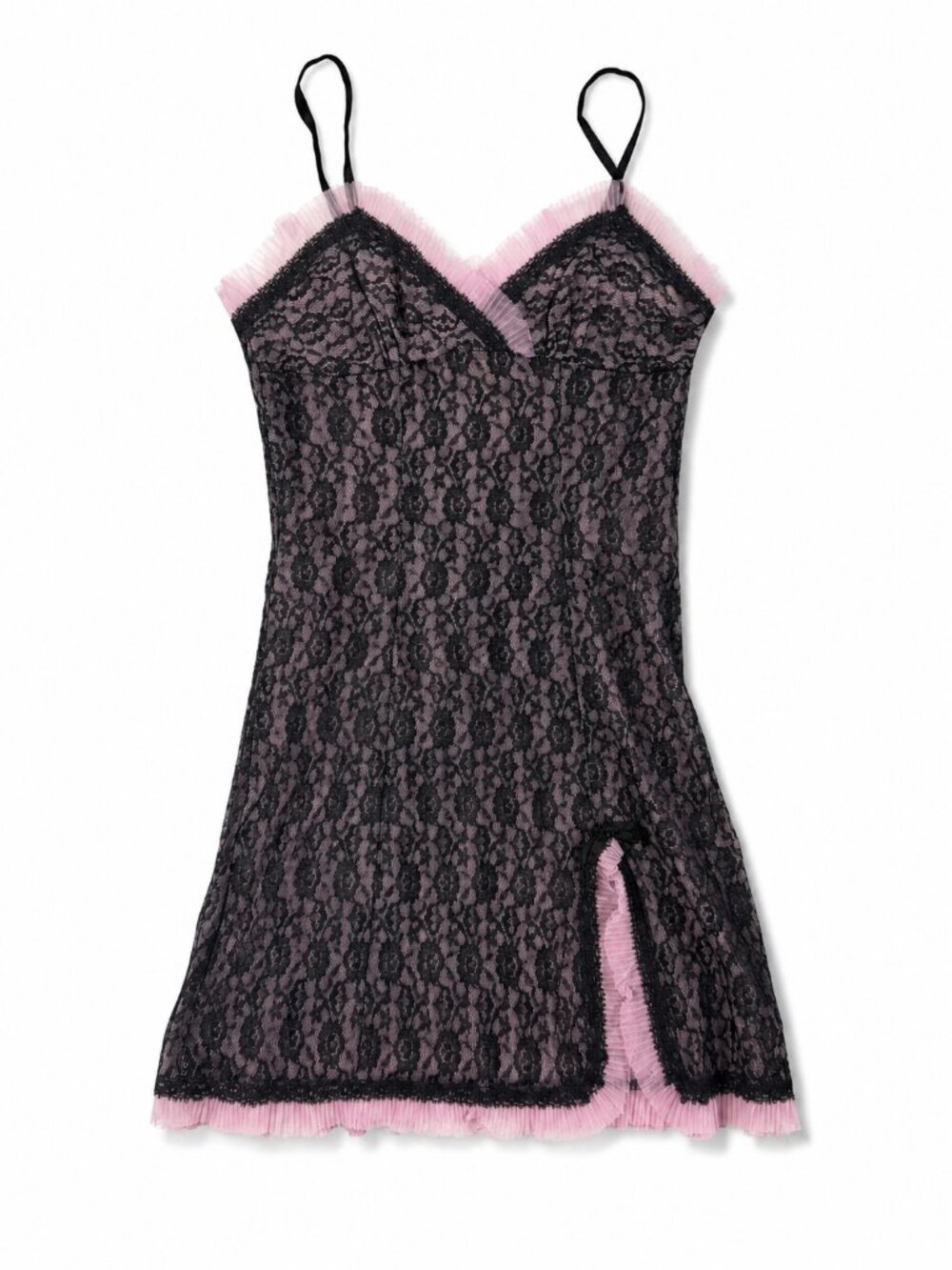 Vintage Y2K Black & Pink Lace Mesh Slip Mini Dress Size S